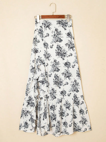 Acelitt Black Bohemian Floral High Waist Ruffle Hem Slit Lightweight Slightly Sheer Maxi Skirt Summer