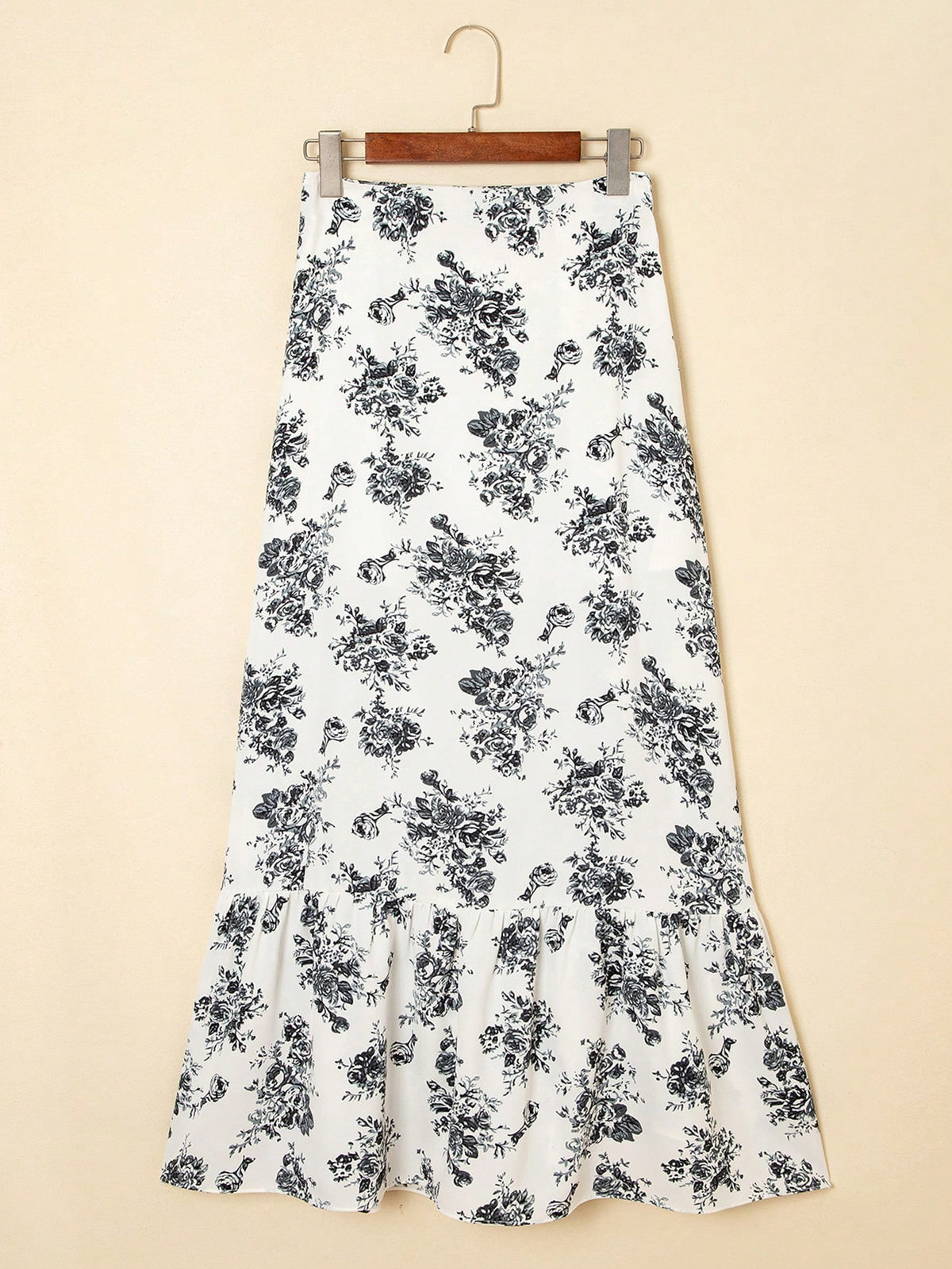 Acelitt Black Bohemian Floral High Waist Ruffle Hem Slit Lightweight Slightly Sheer Maxi Skirt Summer