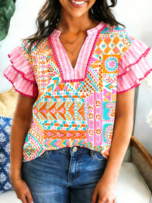 Acelitt Bohemian Geometric Print V-Neck Ruffle Sleeve Women's Summer Vacation Blouse