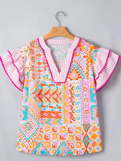 Acelitt Bohemian Geometric Print V-Neck Ruffle Sleeve Women's Summer Vacation Blouse
