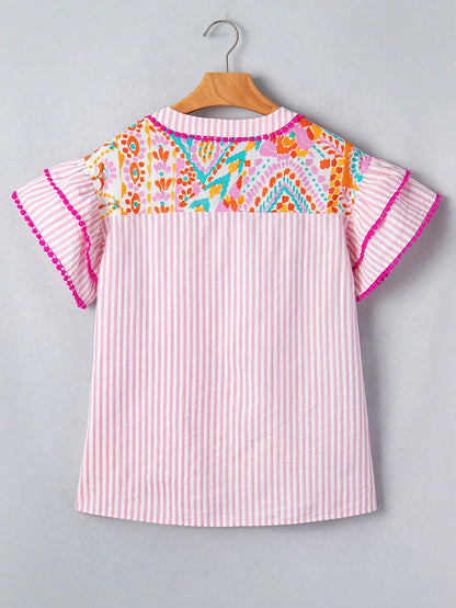 Acelitt Bohemian Geometric Print V-Neck Ruffle Sleeve Women's Summer Vacation Blouse