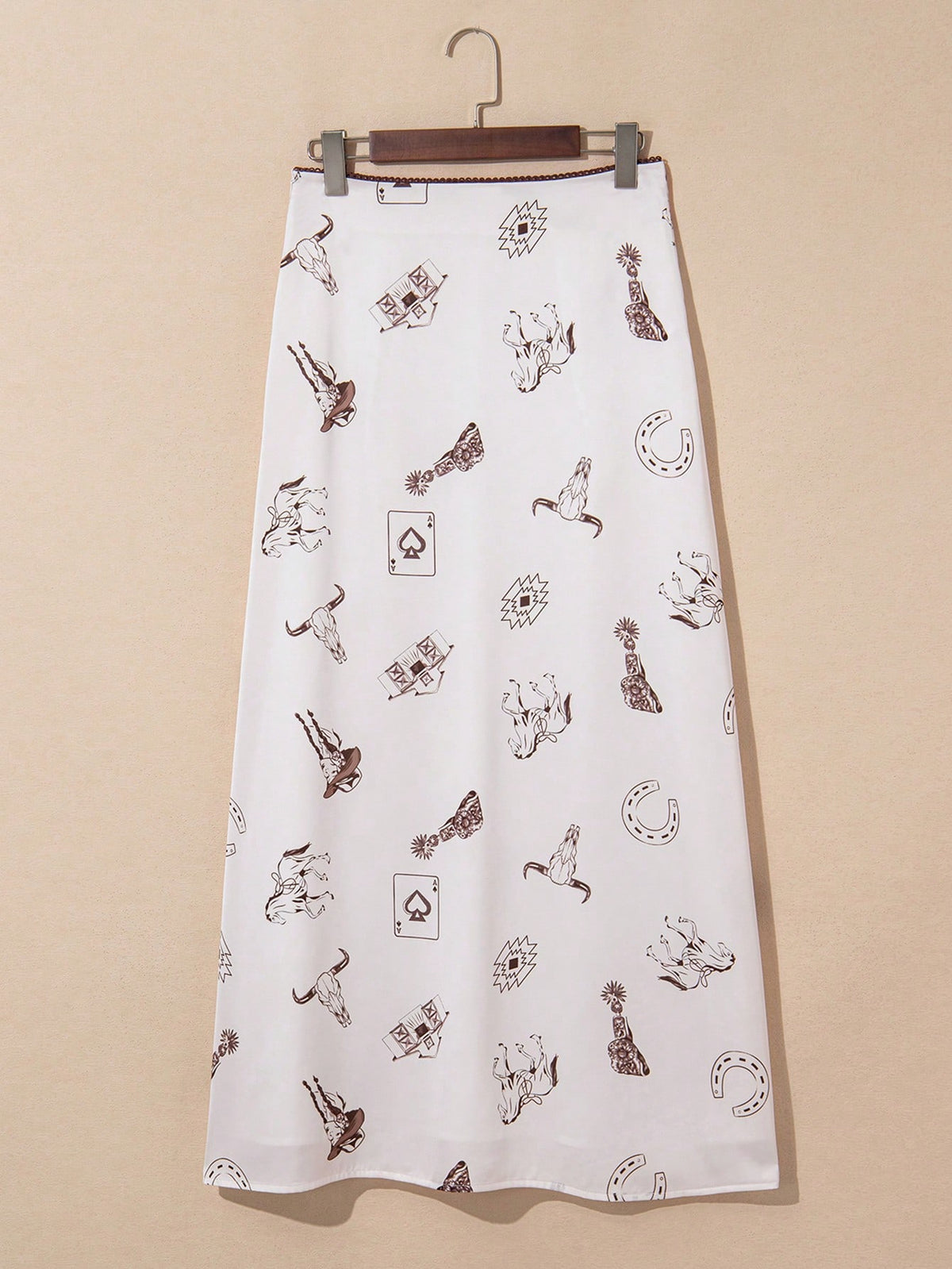 Acelitt Women's Beige Western Style Wild Horse Print Satin Casual Bodycon Skirt, All Season
