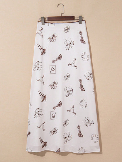 Acelitt Women's Beige Western Style Wild Horse Print Satin Casual Bodycon Skirt, All Season