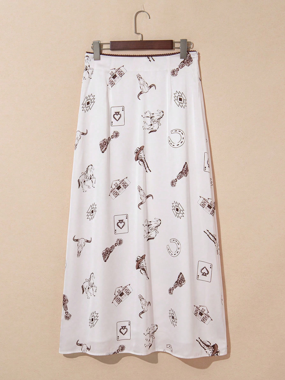 Acelitt Women's Beige Western Style Wild Horse Print Satin Casual Bodycon Skirt, All Season