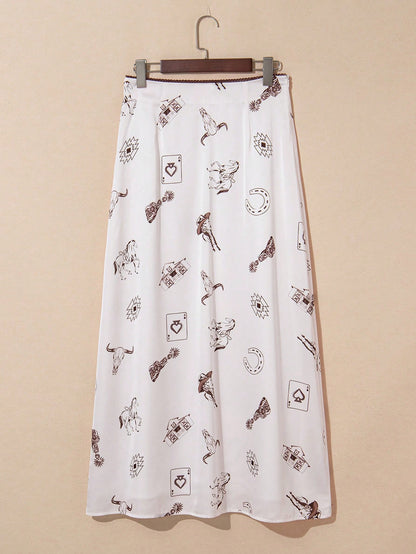 Acelitt Women's Beige Western Style Wild Horse Print Satin Casual Bodycon Skirt, All Season