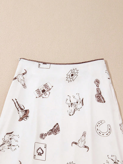 Acelitt Women's Beige Western Style Wild Horse Print Satin Casual Bodycon Skirt, All Season