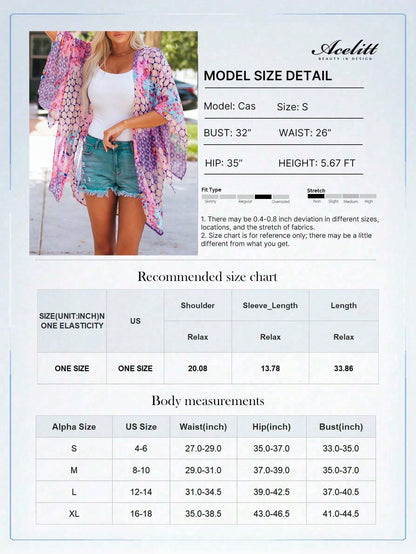 Acelitt Women's Summer Bohemian Polka Dot Print Batwing Sleeve Loose Casual Lightweight Kimono Cardigan, Suitable For Travel And Beach Vacation