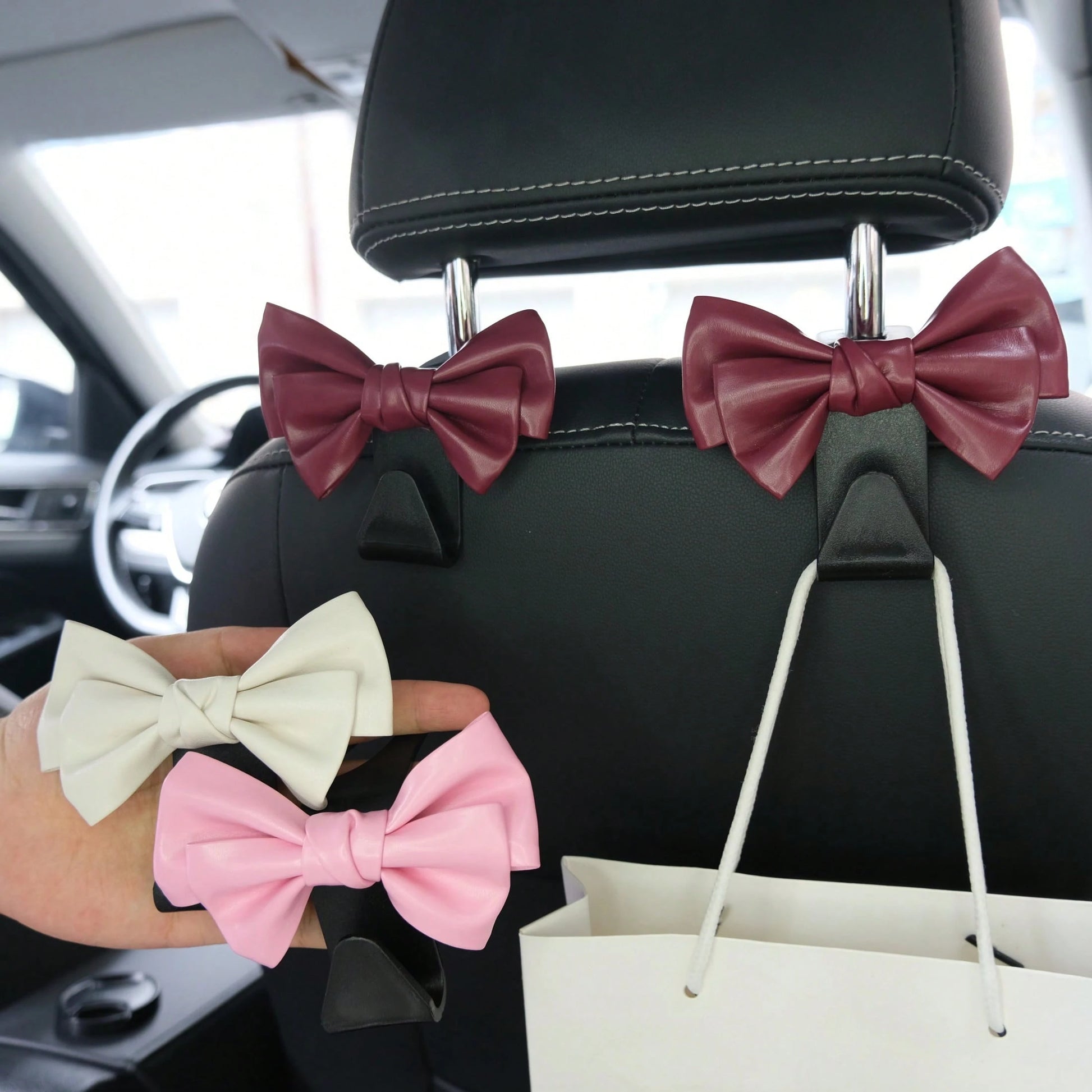 AD High-End Leather Bowknot Multi-Function Car Seat Back Hook, Hanging Organizer