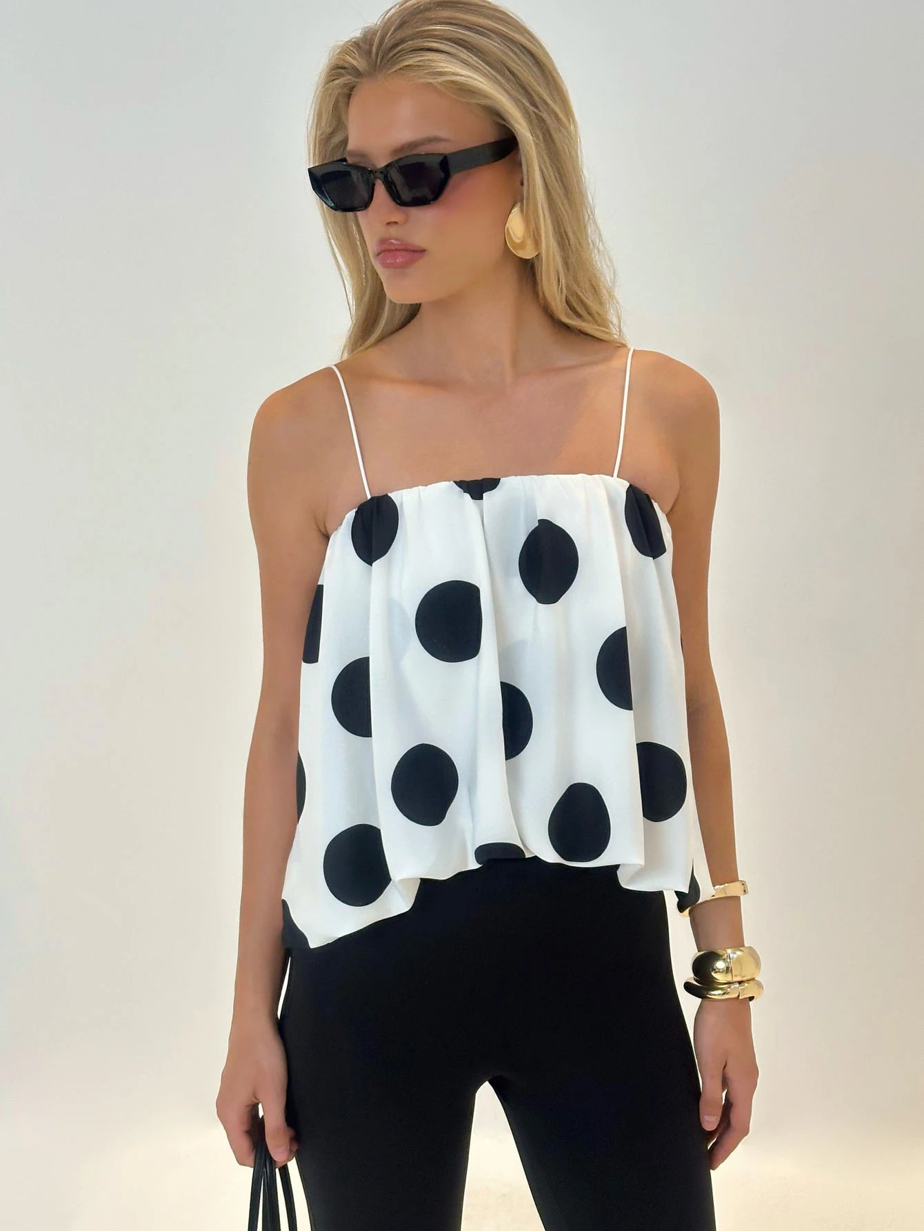 AiiRZ Polka Dot Print Cami Top With Thin Straps And Flowing Relaxed Summer Casual Outfit Style