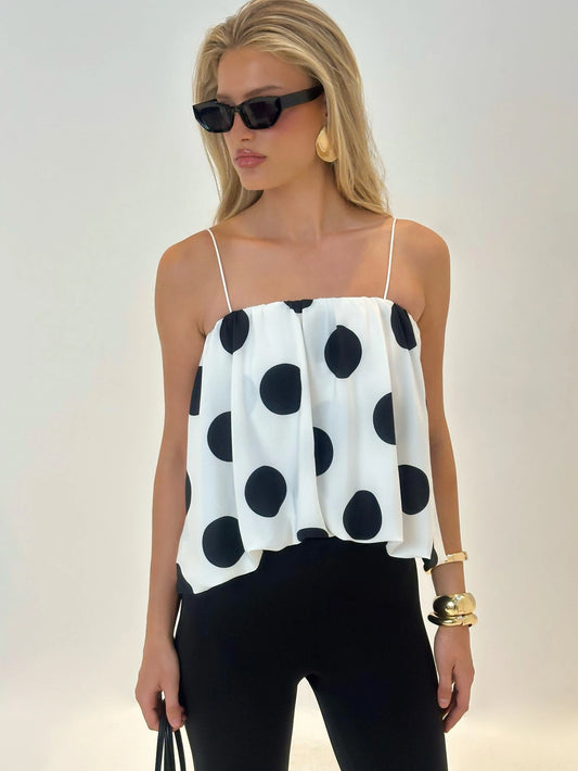 AiiRZ Polka Dot Print Cami Top With Thin Straps And Flowing Relaxed Summer Casual Outfit Style