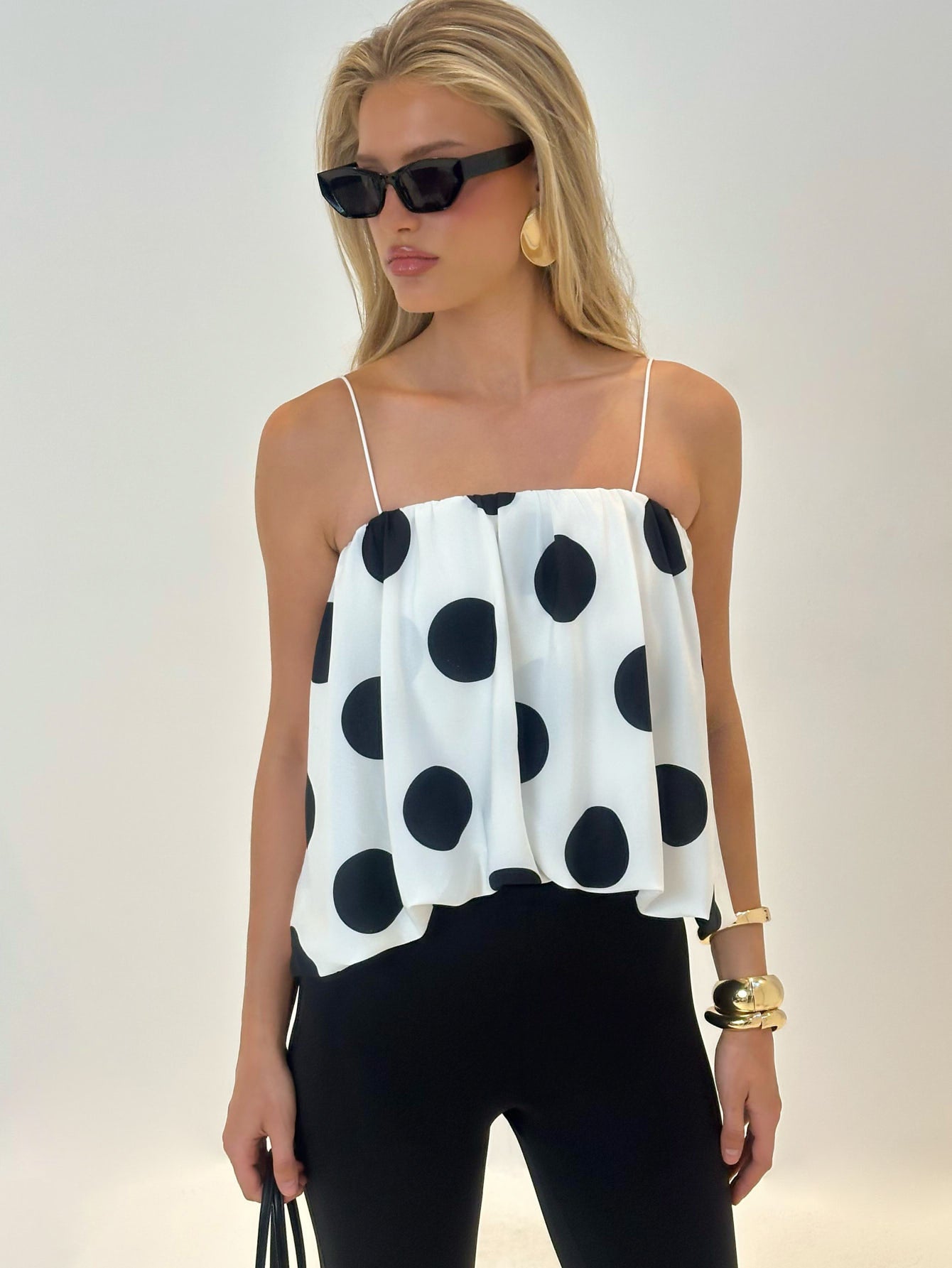 AiiRZ Polka Dot Print Cami Top With Thin Straps And Flowing Relaxed Summer Casual Outfit Style