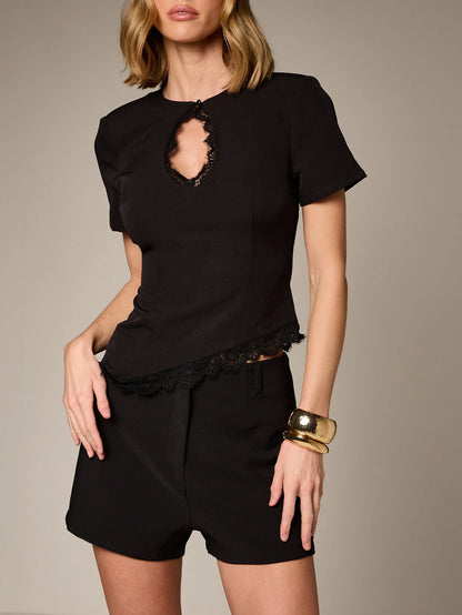 AiiRZ Women Black Cut Out Lace Detail Asymmetric Hem Short Sleeve T-Shirt Top Elegant Feminine Chic Stylish Blouse