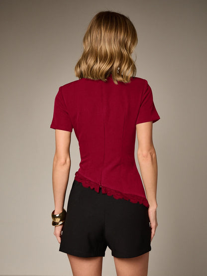 AiiRZ Women Black Cut Out Lace Detail Asymmetric Hem Short Sleeve T-Shirt Top Elegant Feminine Chic Stylish Blouse