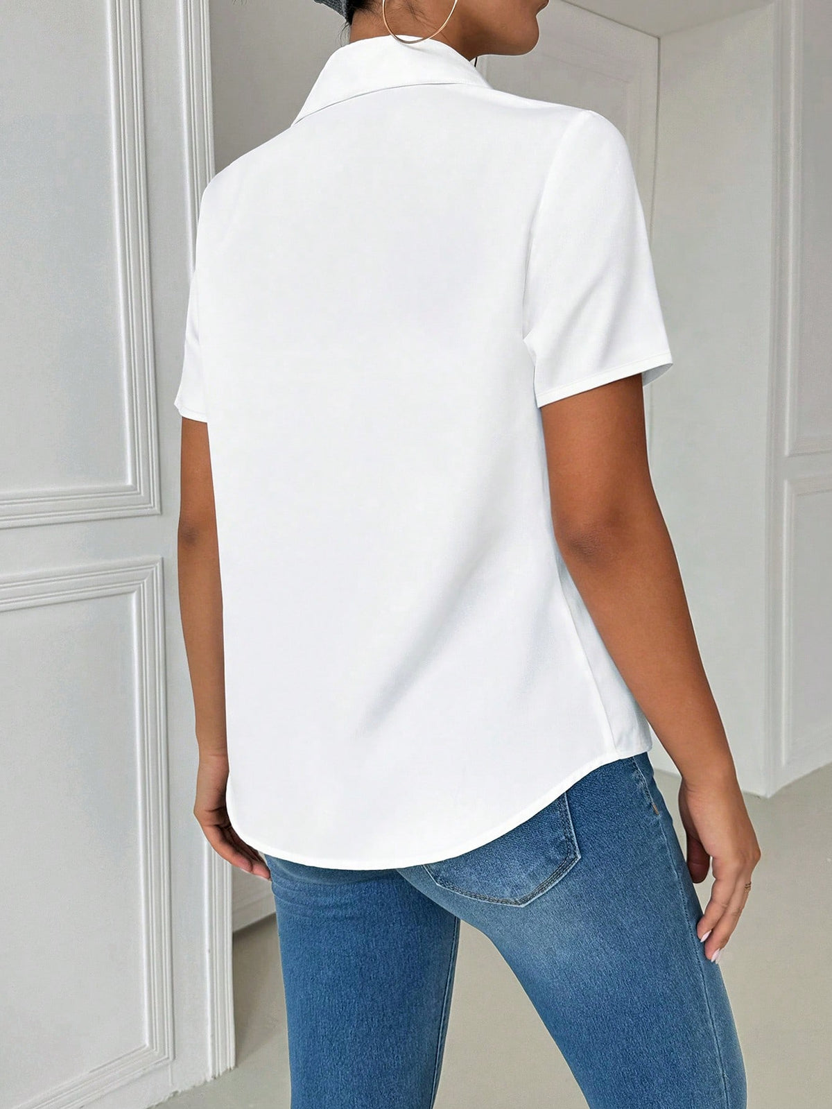Airaco Women's Casual Collared Pocket Fitted White Short Sleeve Blouse