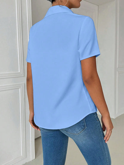 Airaco Women's Casual Collared Pocket Fitted White Short Sleeve Blouse