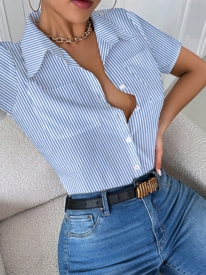 Airaco Women's Casual Collared Pocket Fitted White Short Sleeve Blouse