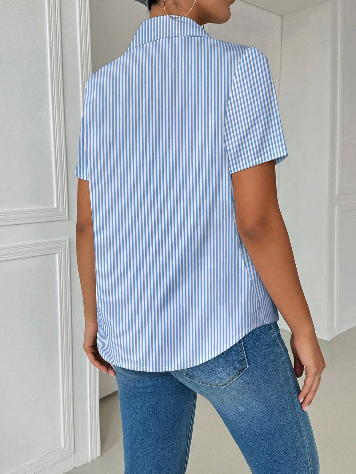 Airaco Women's Casual Collared Pocket Fitted White Short Sleeve Blouse
