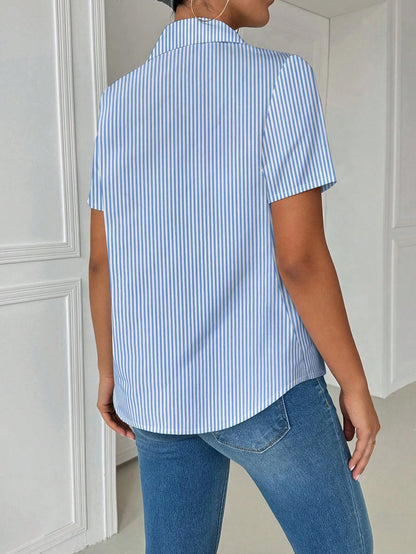 Airaco Women's Casual Collared Pocket Fitted White Short Sleeve Blouse
