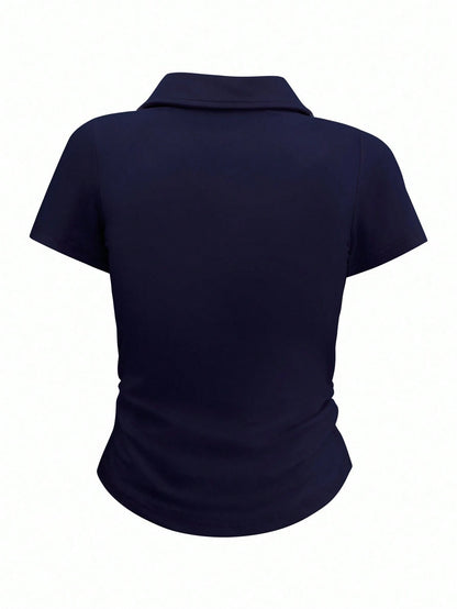 Airaco Women's Solid Color Short Sleeve Half Open Collar Casual Summer T-Shirt