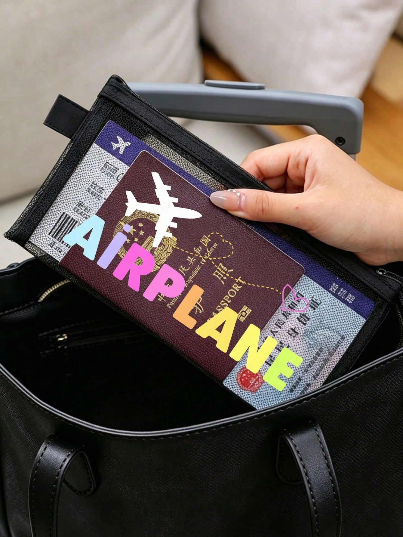 Airplane Theme Mesh Document Storage Bag/Passport Organizer, Multiple Airplane Route, Travel Element & English Letter Prints, Thickened Transparent Mesh Fabric, Large Capacity With Visible Storage, Sm