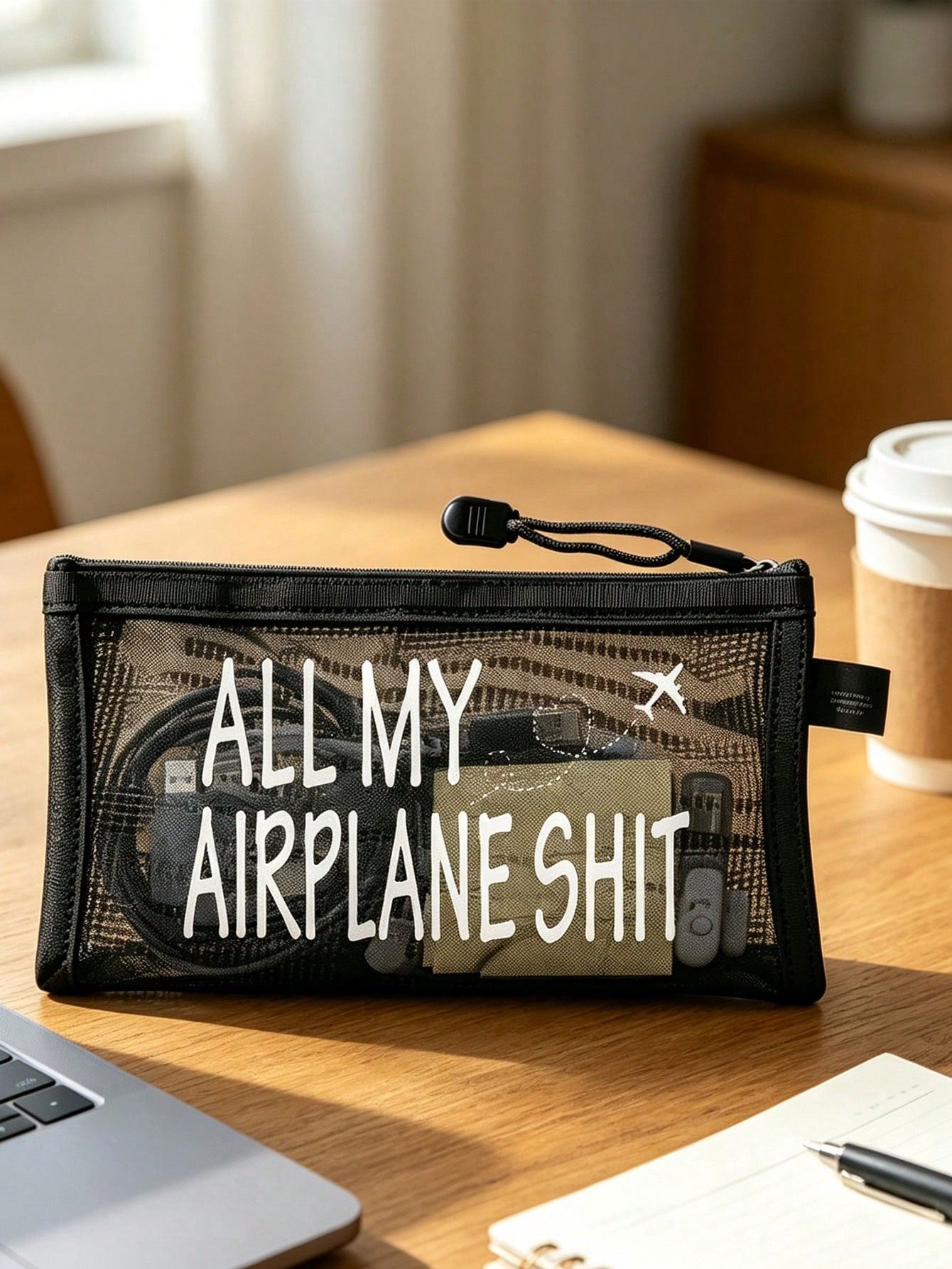 Airplane Theme Mesh Document Storage Bag/Passport Organizer, Multiple Airplane Route, Travel Element & English Letter Prints, Thickened Transparent Mesh Fabric, Large Capacity With Visible Storage, Sm