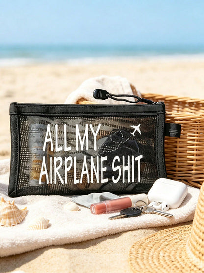 Airplane Theme Mesh Document Storage Bag/Passport Organizer, Multiple Airplane Route, Travel Element & English Letter Prints, Thickened Transparent Mesh Fabric, Large Capacity With Visible Storage, Sm