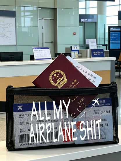 Airplane Theme Mesh Document Storage Bag/Passport Organizer, Multiple Airplane Route, Travel Element & English Letter Prints, Thickened Transparent Mesh Fabric, Large Capacity With Visible Storage, Sm