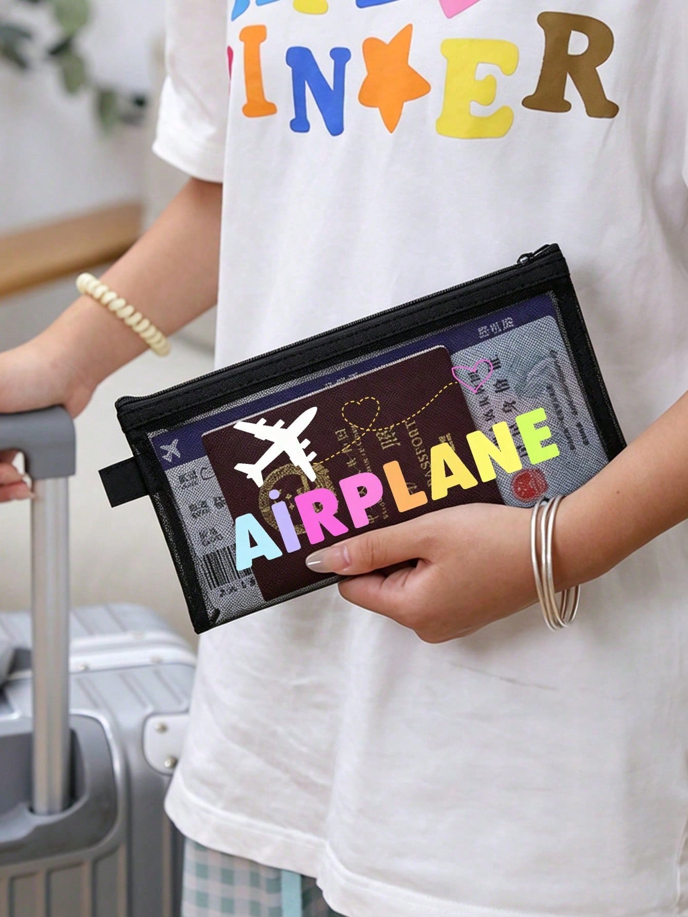 Airplane Theme Mesh Document Storage Bag/Passport Organizer, Multiple Airplane Route, Travel Element & English Letter Prints, Thickened Transparent Mesh Fabric, Large Capacity With Visible Storage, Sm