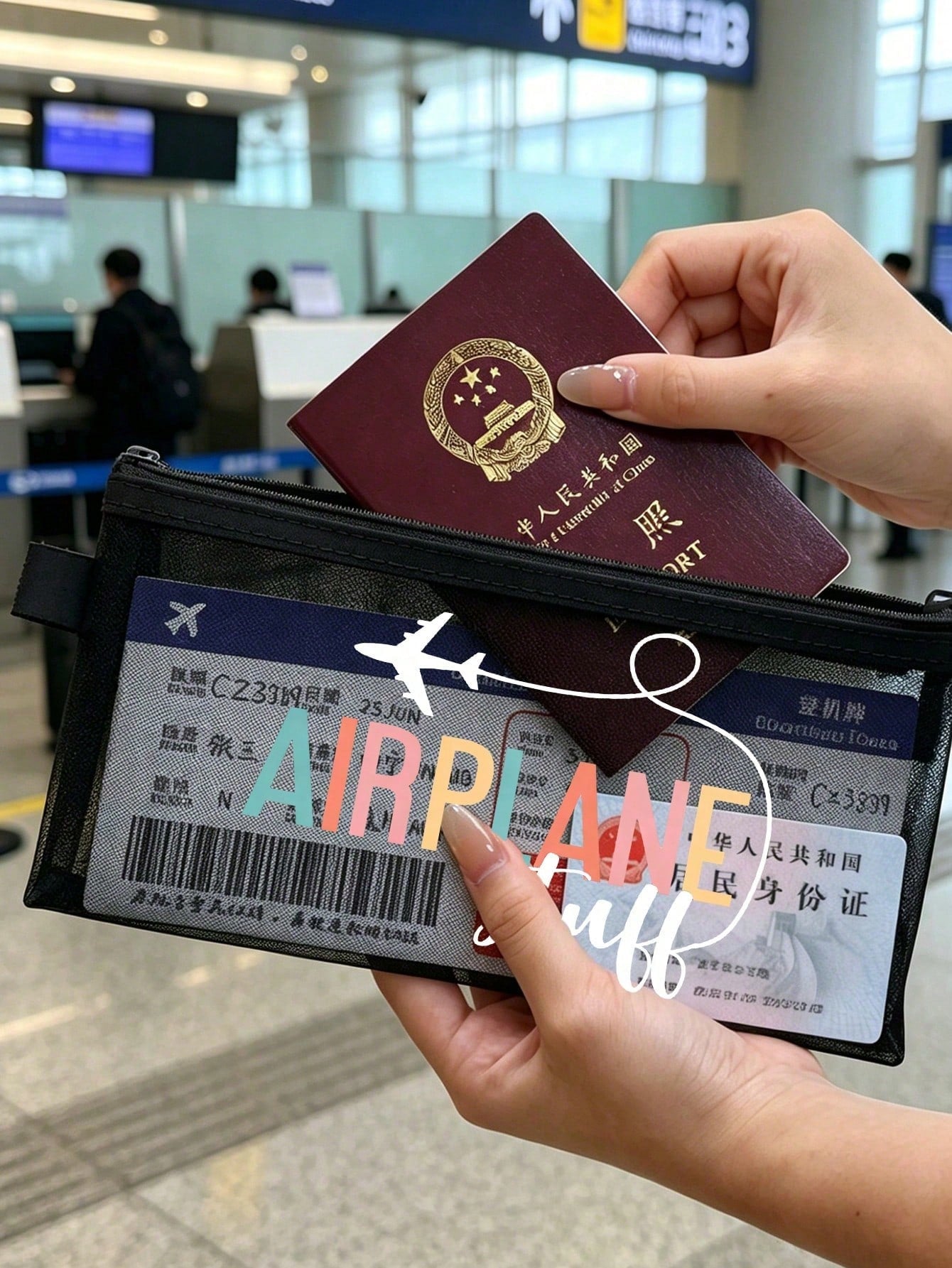 Airplane Theme Mesh Document Storage Bag/Passport Organizer, Multiple Airplane Route, Travel Element & English Letter Prints, Thickened Transparent Mesh Fabric, Large Capacity With Visible Storage, Sm