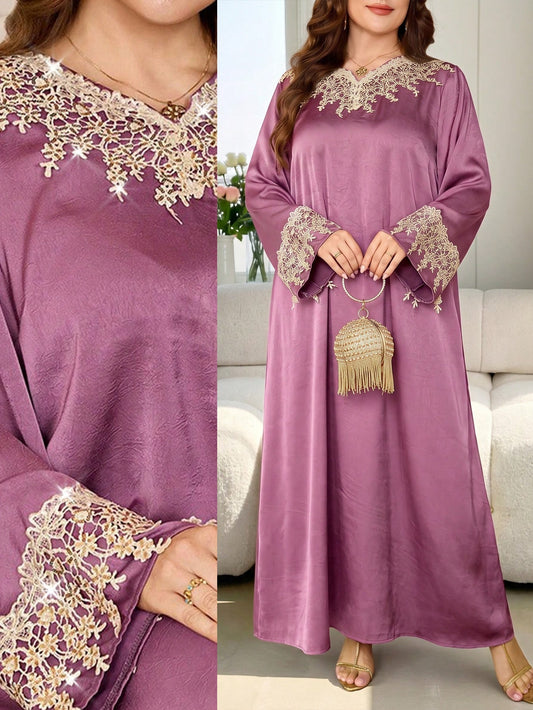 Al Najma Casual Solid Color Beaded Lace Trim Notch Neck Long Sleeve Loose Regular Fit Plus Size Women's Arabian Dress Spring Summer