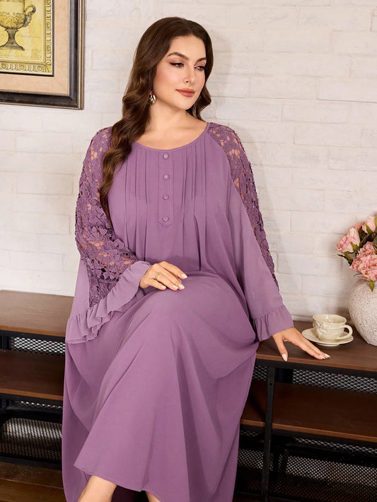 Al Najma Plus Size Loose Fit Ice Silk Crinkled Fabric Dress Spliced Cuffs Water-Soluble Full-Width Pattern Casual Modest Bollywood Elegant Spring/Summer Party