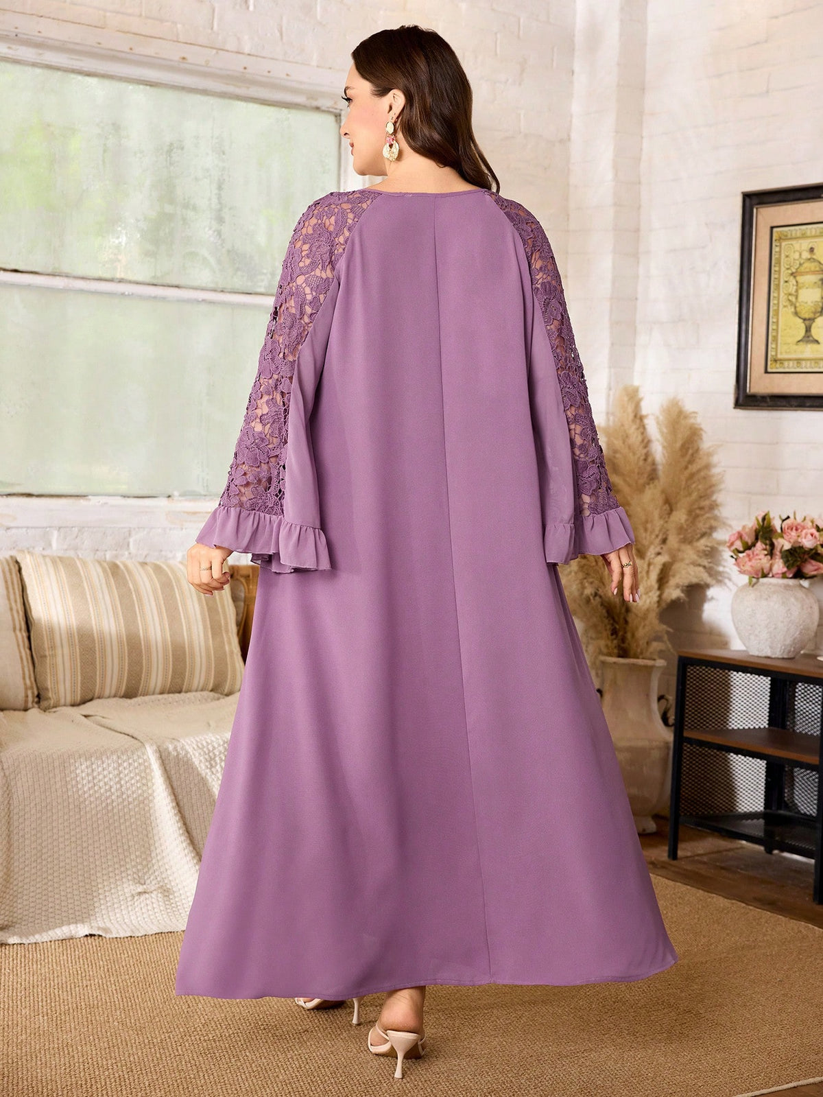 Al Najma Plus Size Loose Fit Ice Silk Crinkled Fabric Dress Spliced Cuffs Water-Soluble Full-Width Pattern Casual Modest Bollywood Elegant Spring/Summer Party
