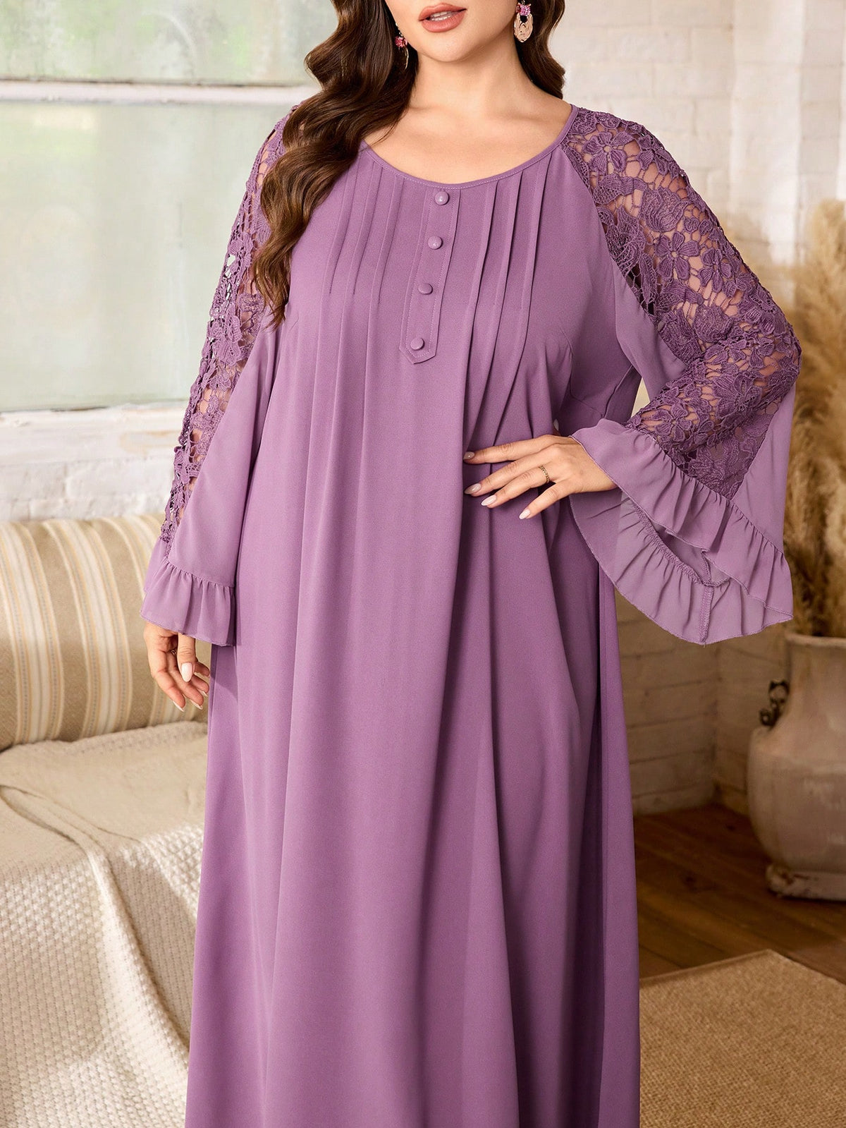 Al Najma Plus Size Loose Fit Ice Silk Crinkled Fabric Dress Spliced Cuffs Water-Soluble Full-Width Pattern Casual Modest Bollywood Elegant Spring/Summer Party