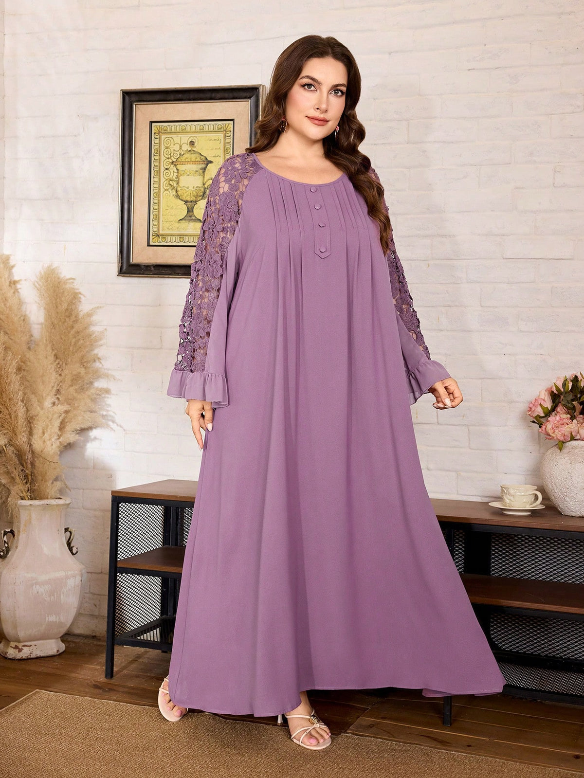 Al Najma Plus Size Loose Fit Ice Silk Crinkled Fabric Dress Spliced Cuffs Water-Soluble Full-Width Pattern Casual Modest Bollywood Elegant Spring/Summer Party