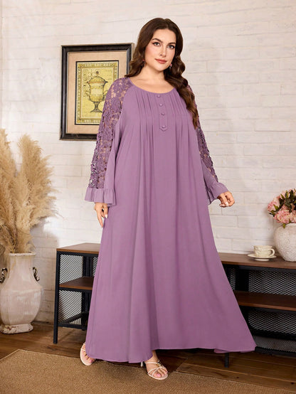 Al Najma Plus Size Loose Fit Ice Silk Crinkled Fabric Dress Spliced Cuffs Water-Soluble Full-Width Pattern Casual Modest Bollywood Elegant Spring/Summer Party