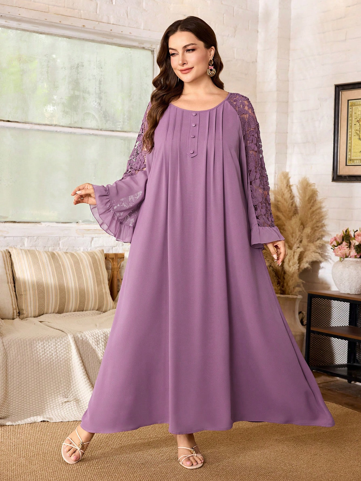 Al Najma Plus Size Loose Fit Ice Silk Crinkled Fabric Dress Spliced Cuffs Water-Soluble Full-Width Pattern Casual Modest Bollywood Elegant Spring/Summer Party
