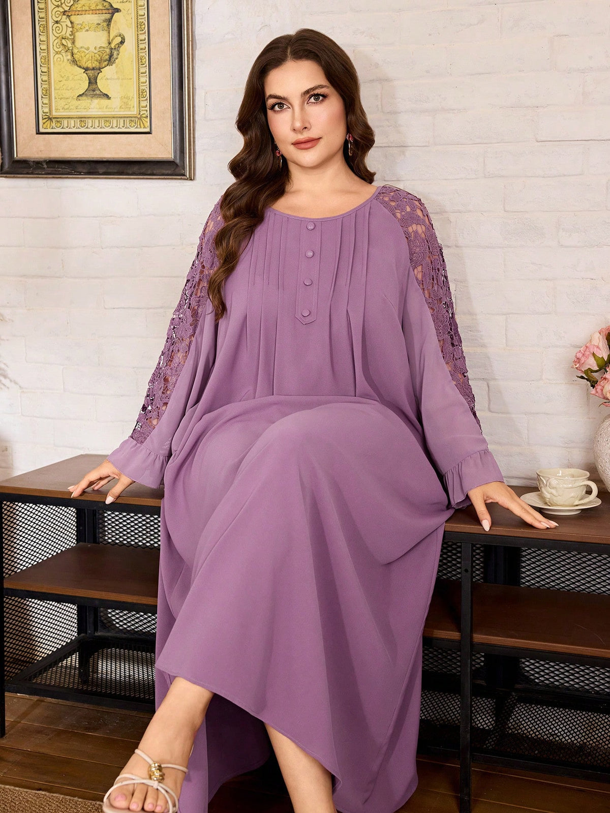Al Najma Plus Size Loose Fit Ice Silk Crinkled Fabric Dress Spliced Cuffs Water-Soluble Full-Width Pattern Casual Modest Bollywood Elegant Spring/Summer Party