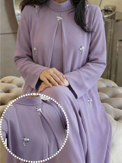 Al Najma Plus Size Women's Rhinestone Decor High Neck Long Sleeve Arabic Style Dress