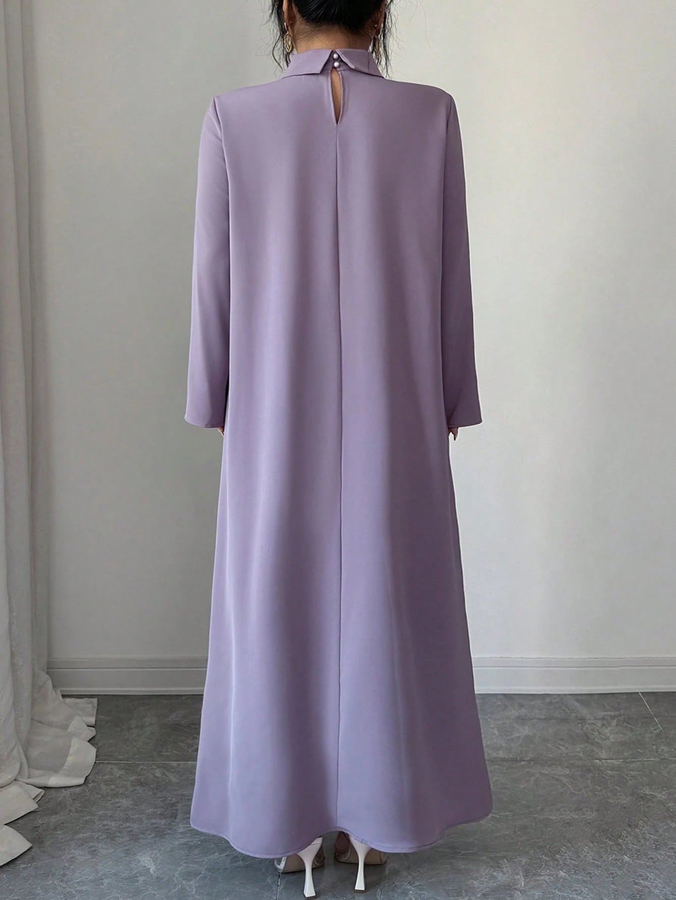 Al Najma Plus Size Women's Rhinestone Decor High Neck Long Sleeve Arabic Style Dress