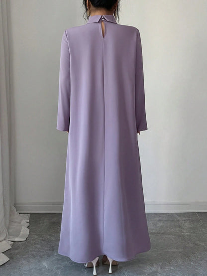 Al Najma Plus Size Women's Rhinestone Decor High Neck Long Sleeve Arabic Style Dress