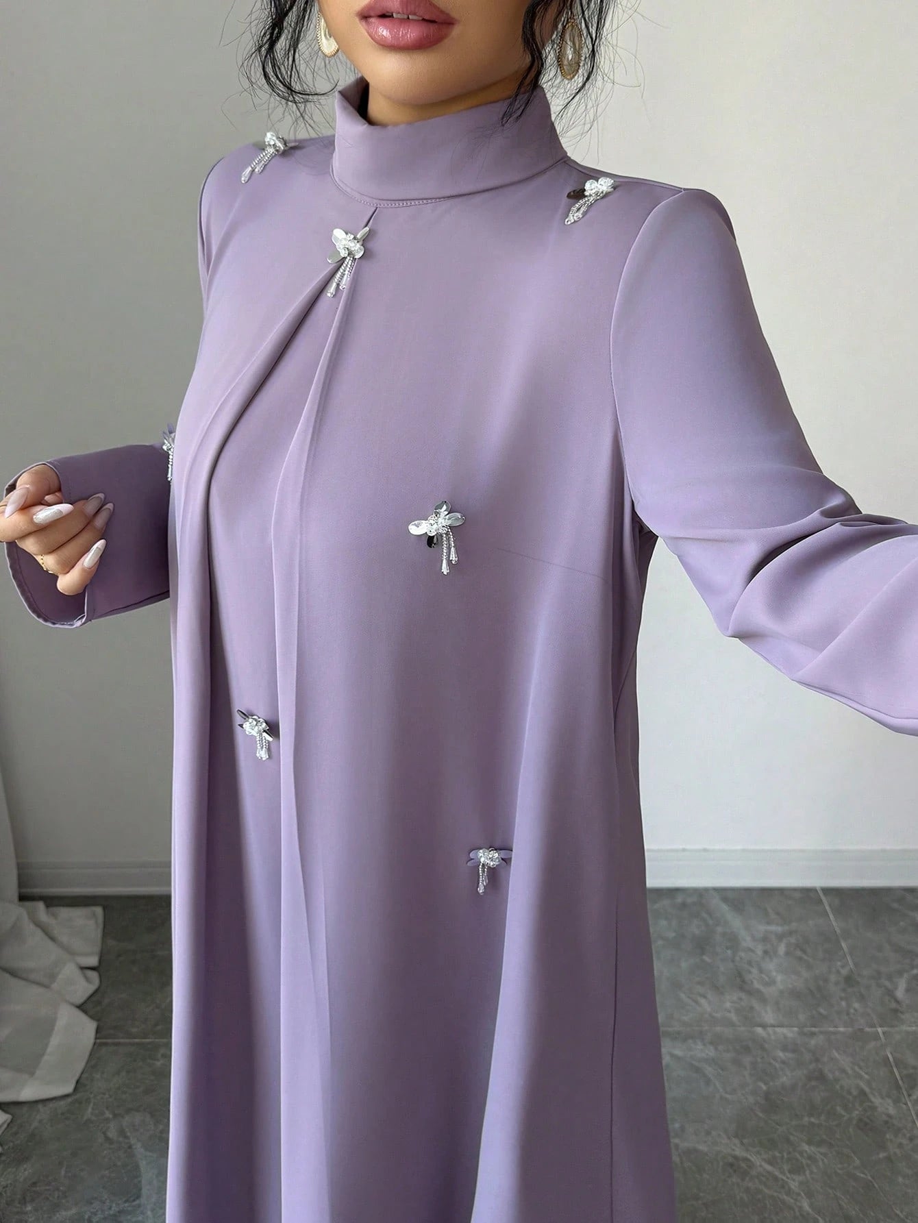 Al Najma Plus Size Women's Rhinestone Decor High Neck Long Sleeve Arabic Style Dress