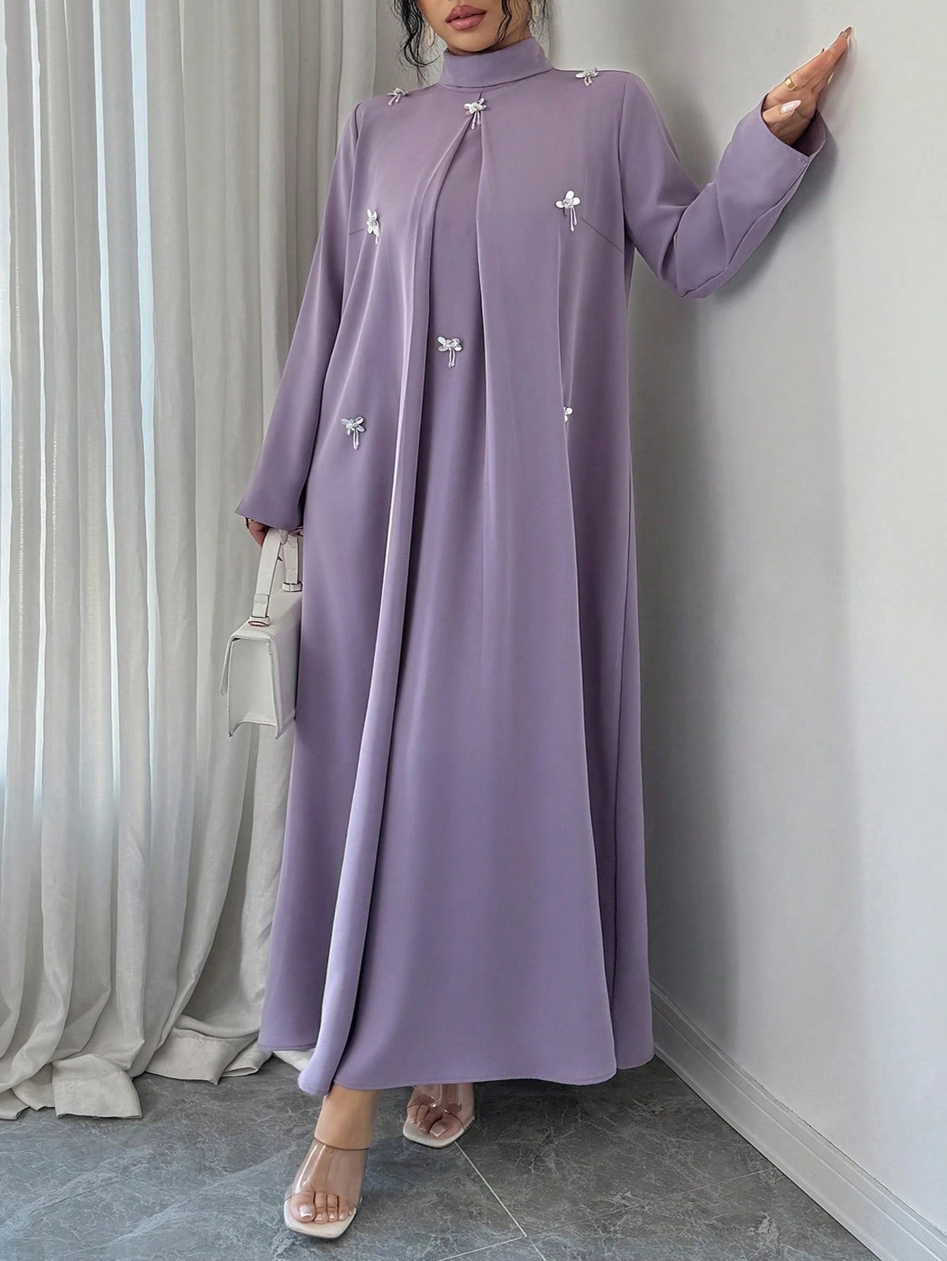 Al Najma Plus Size Women's Rhinestone Decor High Neck Long Sleeve Arabic Style Dress