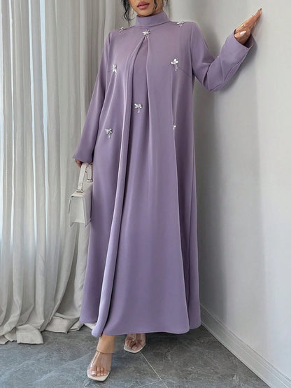Al Najma Plus Size Women's Rhinestone Decor High Neck Long Sleeve Arabic Style Dress