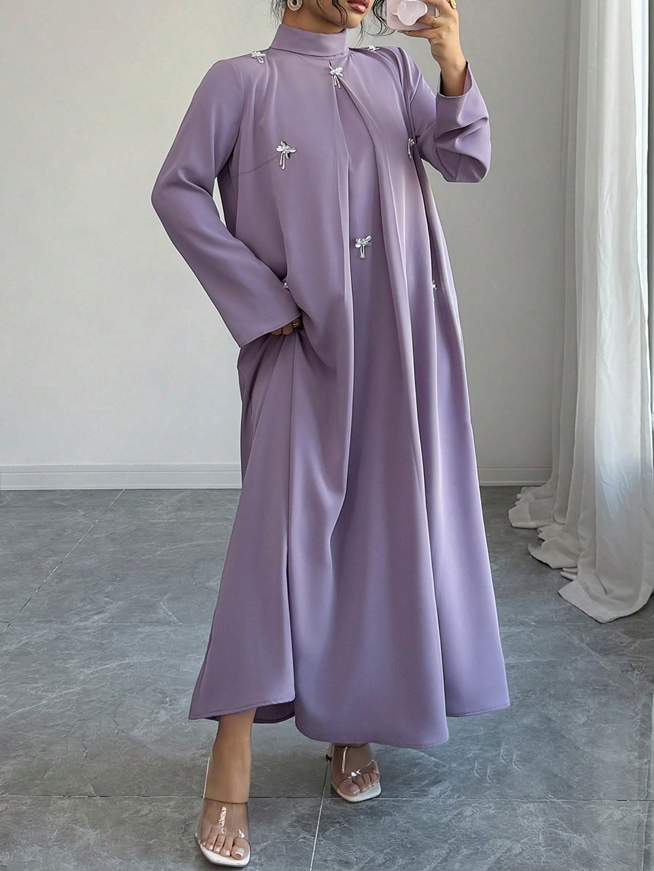 Al Najma Plus Size Women's Rhinestone Decor High Neck Long Sleeve Arabic Style Dress