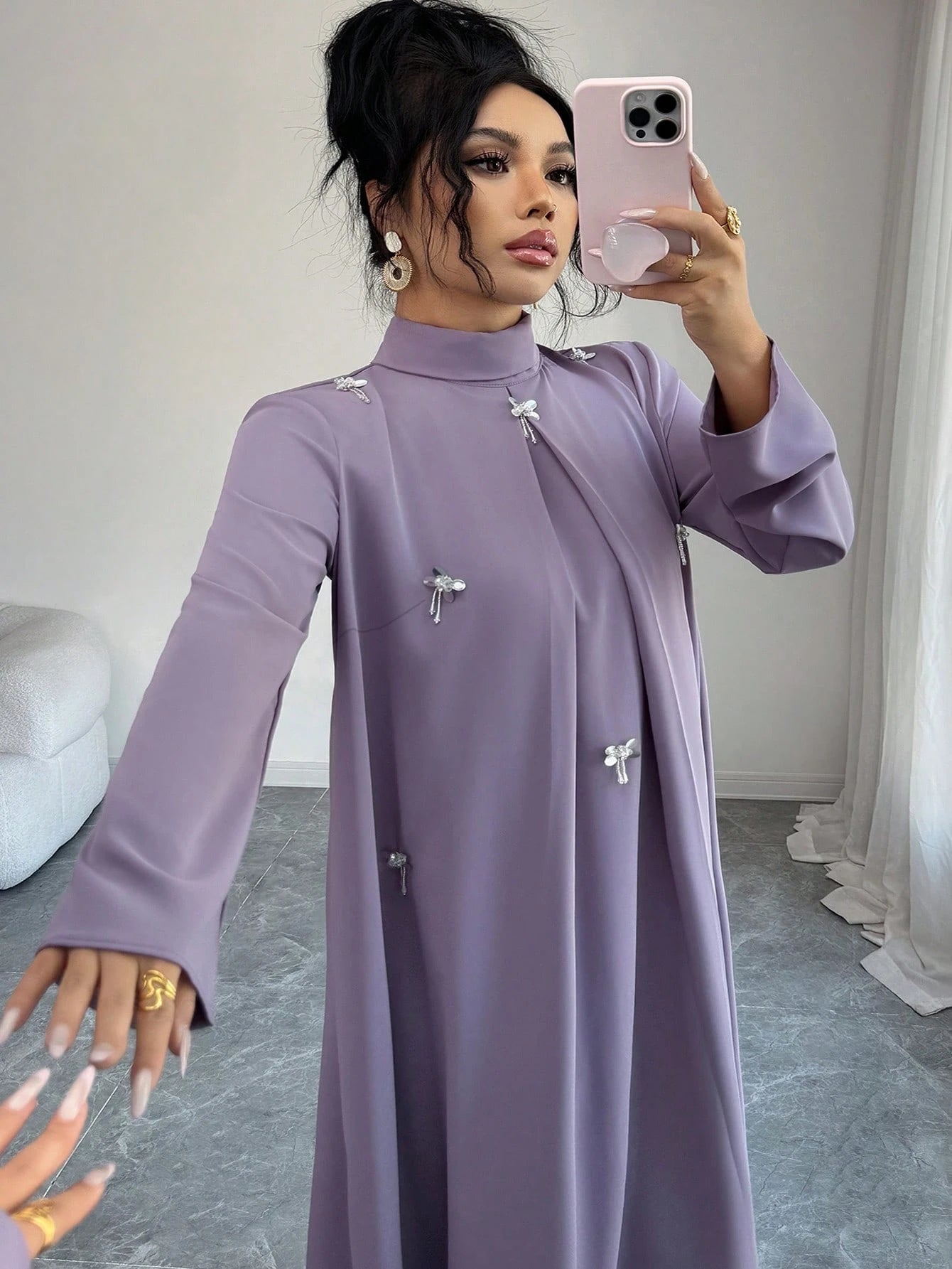 Al Najma Plus Size Women's Rhinestone Decor High Neck Long Sleeve Arabic Style Dress
