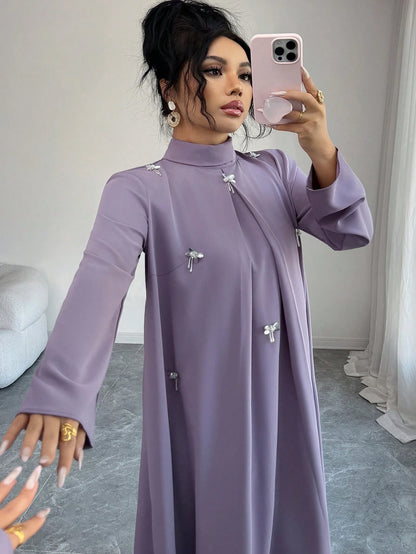 Al Najma Plus Size Women's Rhinestone Decor High Neck Long Sleeve Arabic Style Dress