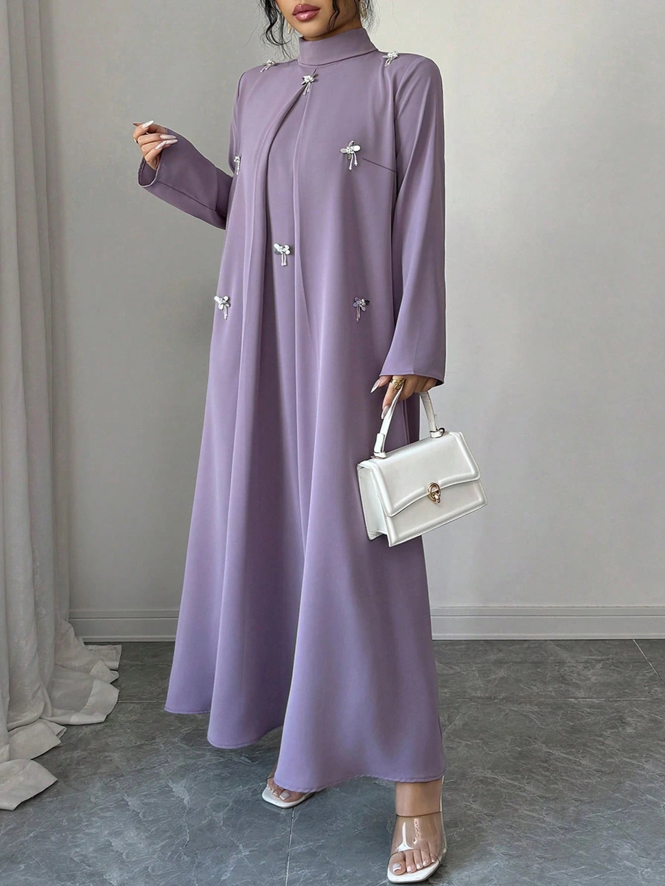 Al Najma Plus Size Women's Rhinestone Decor High Neck Long Sleeve Arabic Style Dress