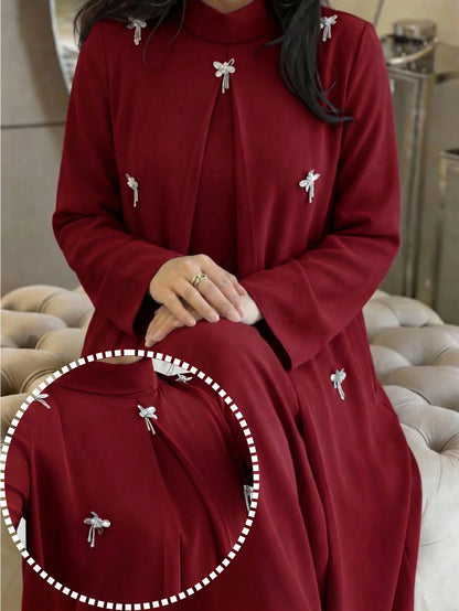 Al Najma Plus Size Women's Rhinestone Decor High Neck Long Sleeve Arabic Style Dress