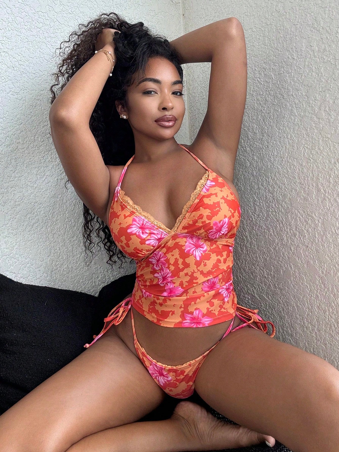Alexandranx Women's Summer Vacation Casual Beach Wear Tropical Floral Print Strapless Bandeau Tie Back Camisole Strap Bikini Lace Trim 2-Piece Swimsuit Set