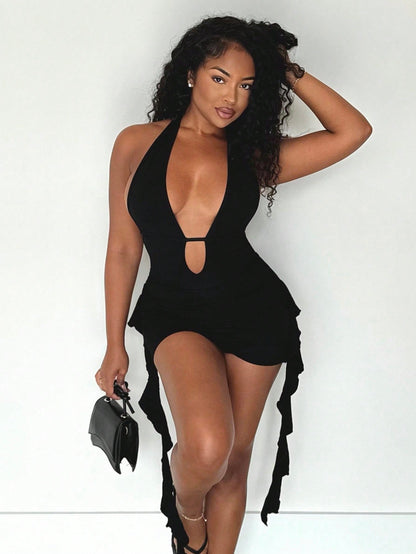 Alexandranx Women's Summer Y2K Western Wear Hot Girl Vacation Outfits Halter Backless Black Mini Dress